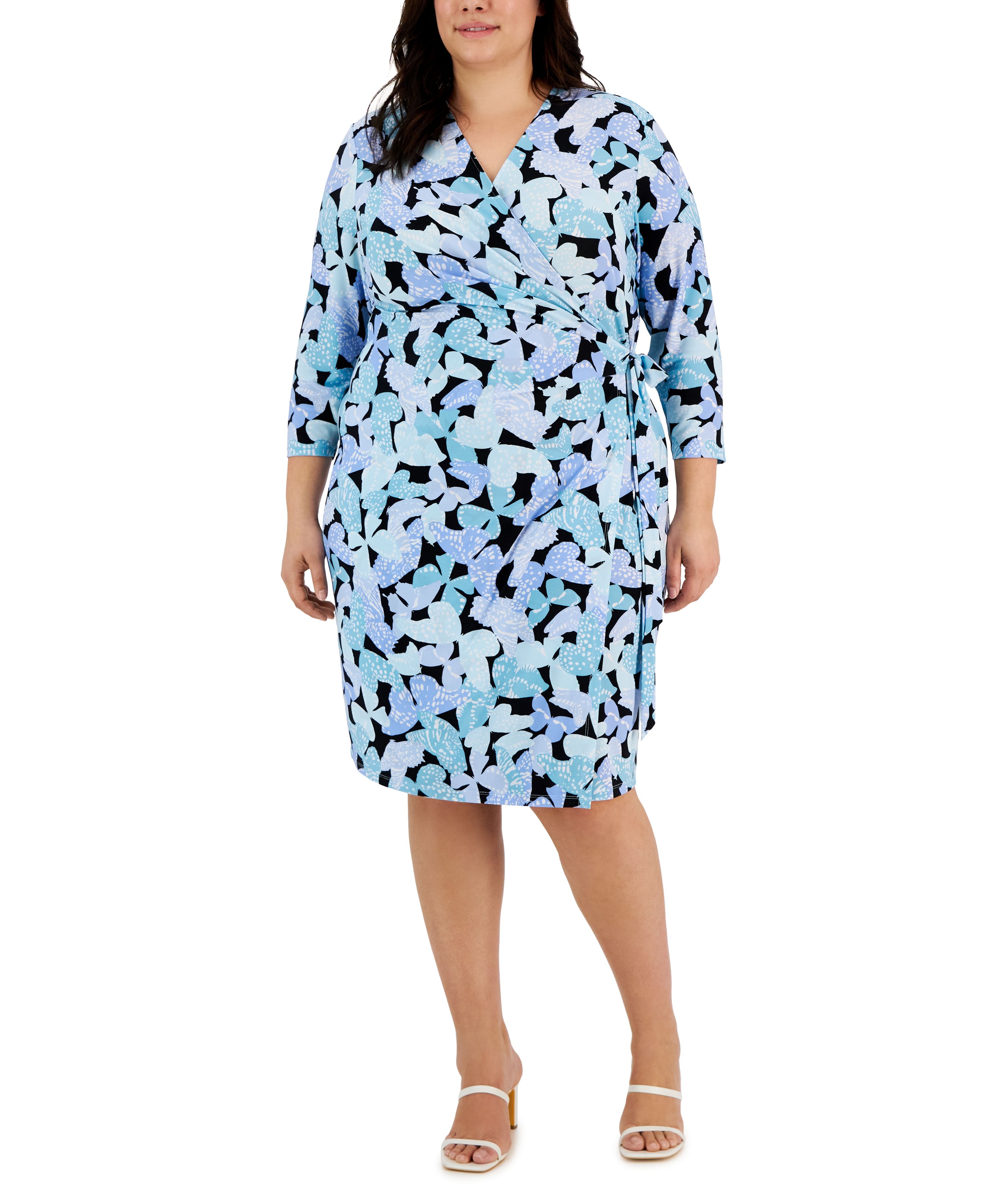 Plus Size Printed Wrap Dress Siren Blue/Bright White 0X